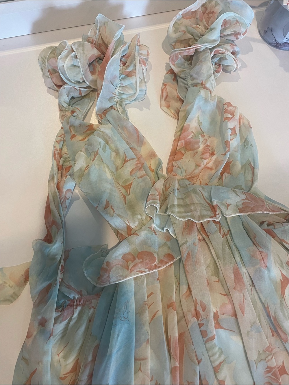 Floral Chiffon Tie-Strap Dress in Light Blue and Peach